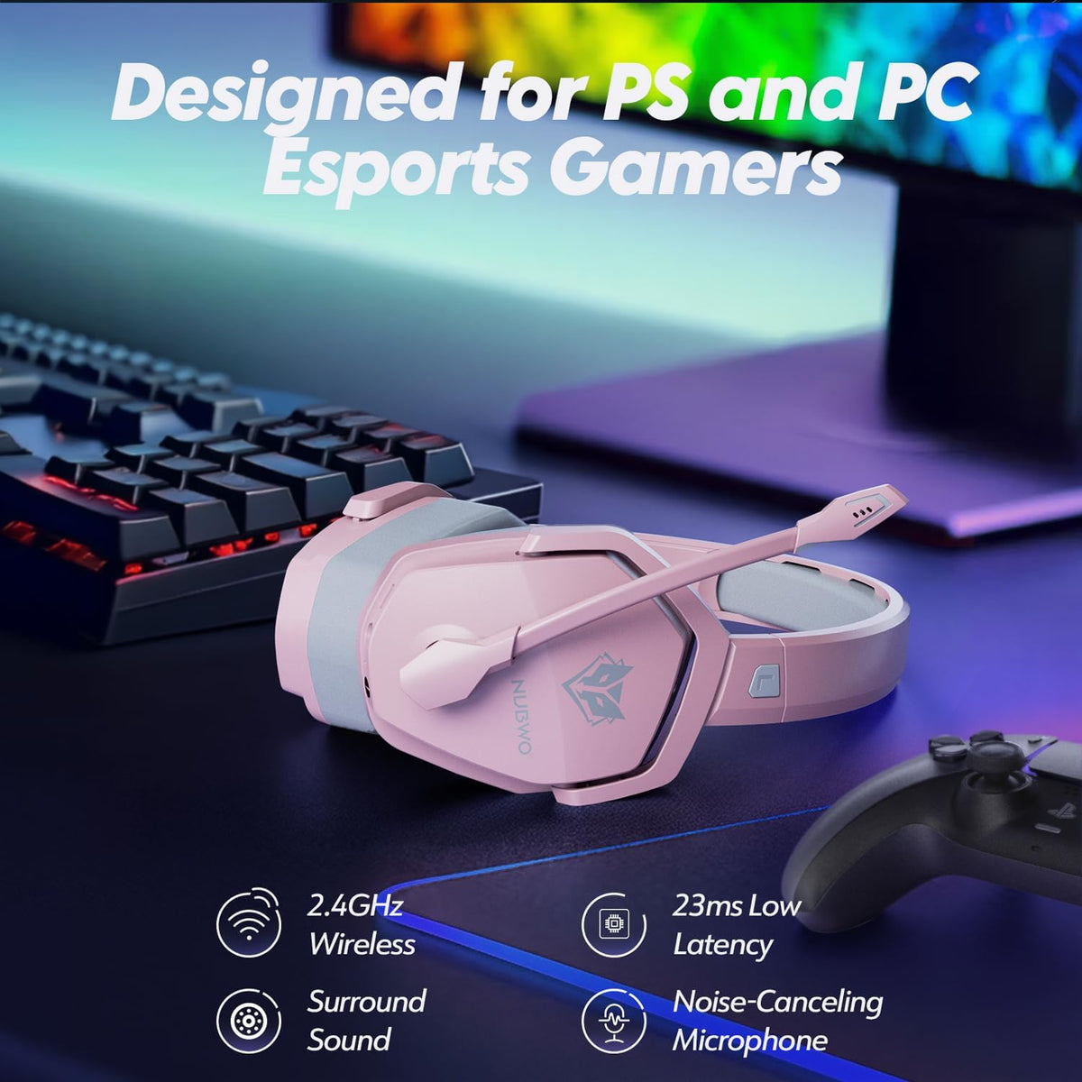 G06 Dual Wireless Gaming Headset with Mic for PS5, PS4, PC, Mobile, Switch: 2.4GHz Wireless + Bluetooth - 100 Hr Battery - 50mm Drivers - Pink