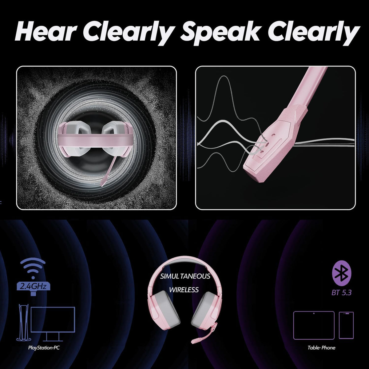 G06 Dual Wireless Gaming Headset with Mic for PS5, PS4, PC, Mobile, Switch: 2.4GHz Wireless + Bluetooth - 100 Hr Battery - 50mm Drivers - Pink