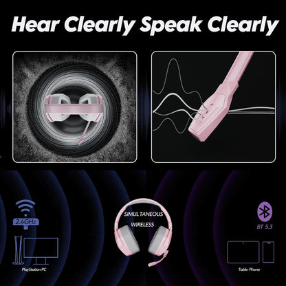 G06 Dual Wireless Gaming Headset with Mic for PS5, PS4, PC, Mobile, Switch: 2.4GHz Wireless + Bluetooth - 100 Hr Battery - 50mm Drivers - Pink