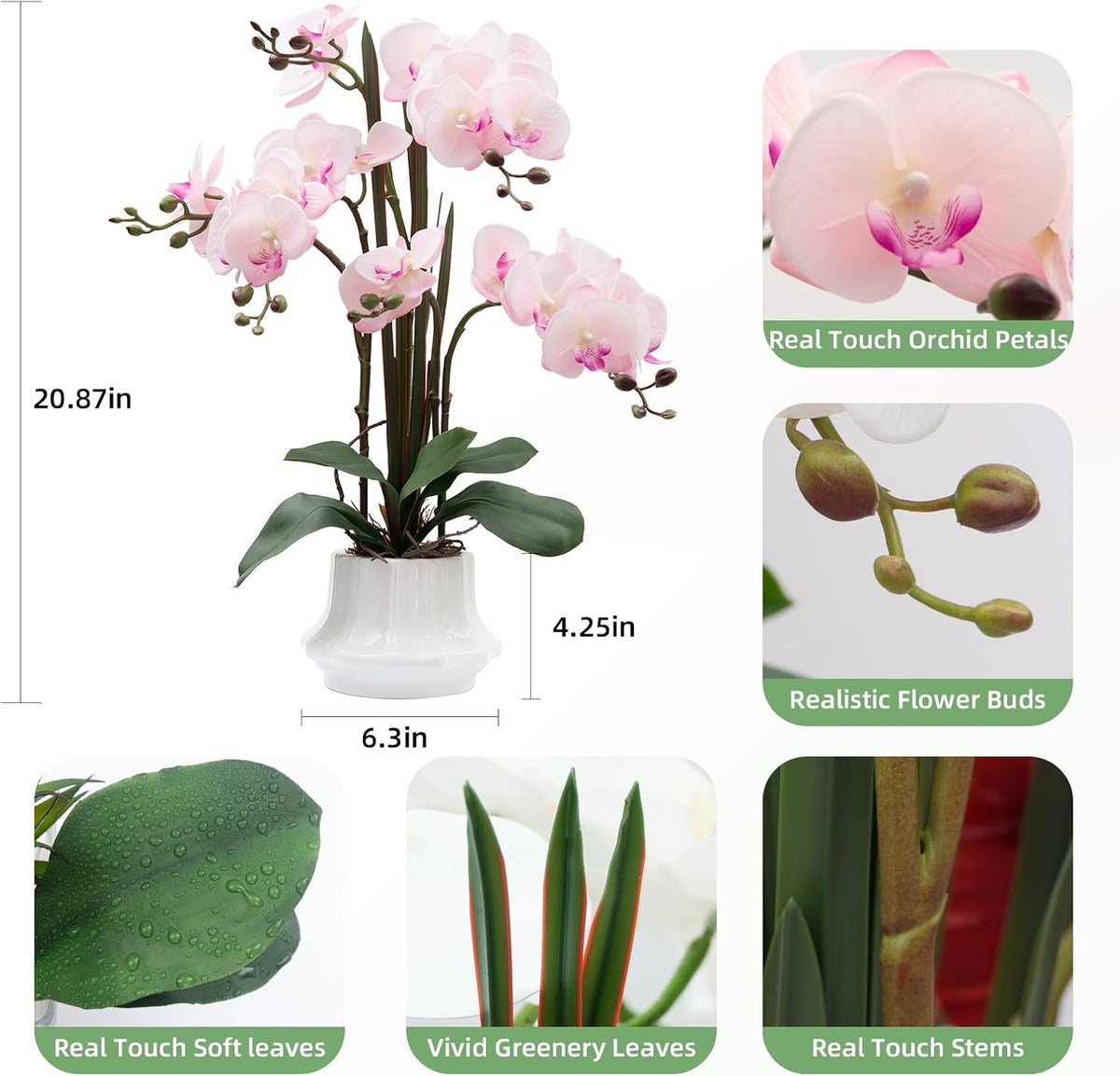 Artificial Orchid Flower Plant 20.9'' Real Touch Faux Orchids in Ceramic Vase Pink Fake Phalaenopsis Flower Arrangement Silk Orchids with Stems for Centerpiece Table Home Indoor Decor