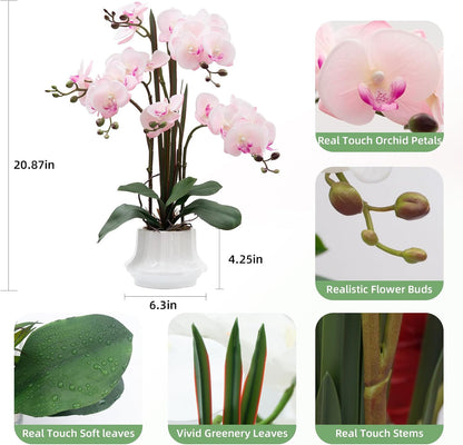 Artificial Orchid Flower Plant 20.9'' Real Touch Faux Orchids in Ceramic Vase Pink Fake Phalaenopsis Flower Arrangement Silk Orchids with Stems for Centerpiece Table Home Indoor Decor