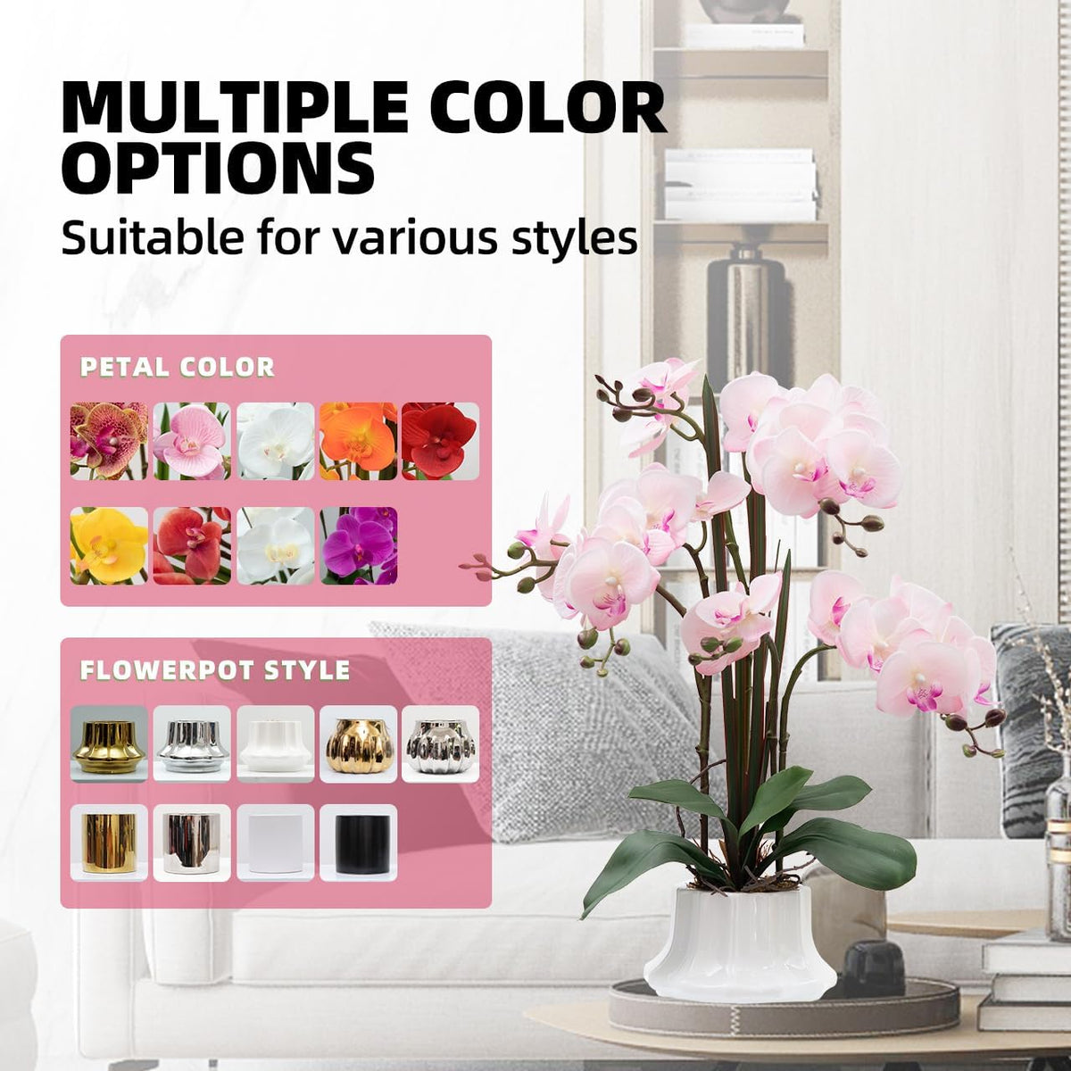 Artificial Orchid Flower Plant 20.9'' Real Touch Faux Orchids in Ceramic Vase Pink Fake Phalaenopsis Flower Arrangement Silk Orchids with Stems for Centerpiece Table Home Indoor Decor