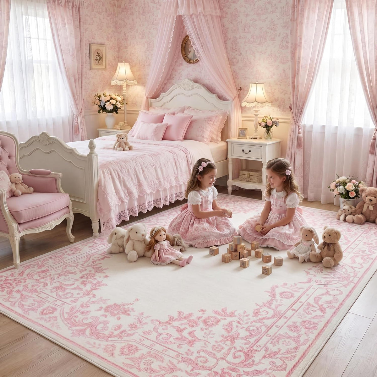 Washable 5x7 Rugs for Girls Bedroom, French Retro Non Slip Pink Rug