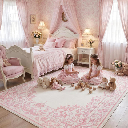 Washable 5x7 Rugs for Girls Bedroom, French Retro Non Slip Pink Rug