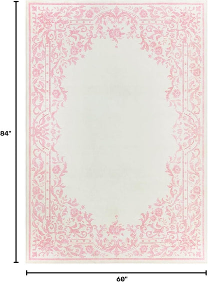 Washable 5x7 Rugs for Girls Bedroom, French Retro Non Slip Pink Rug