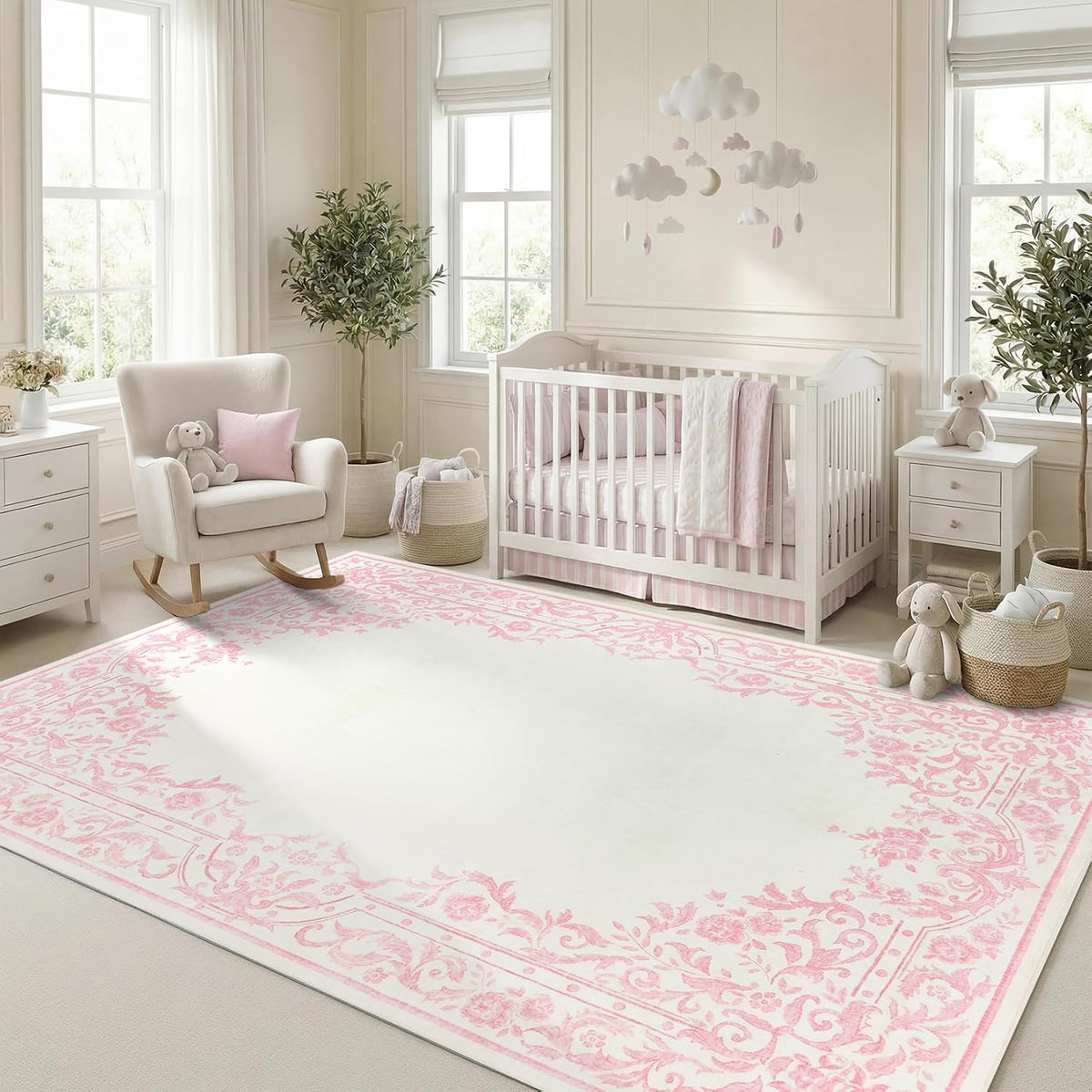 Washable 5x7 Rugs for Girls Bedroom, French Retro Non Slip Pink Rug