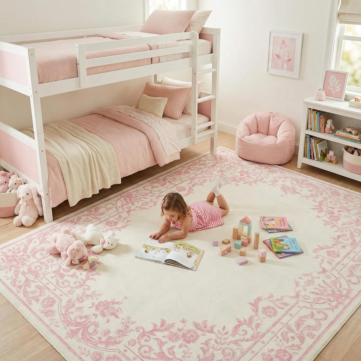 Washable 5x7 Rugs for Girls Bedroom, French Retro Non Slip Pink Rug