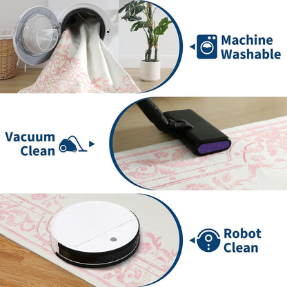 Washable 5x7 Rugs for Girls Bedroom, French Retro Non Slip Pink Rug