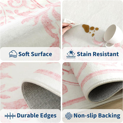 Washable 5x7 Rugs for Girls Bedroom, French Retro Non Slip Pink Rug