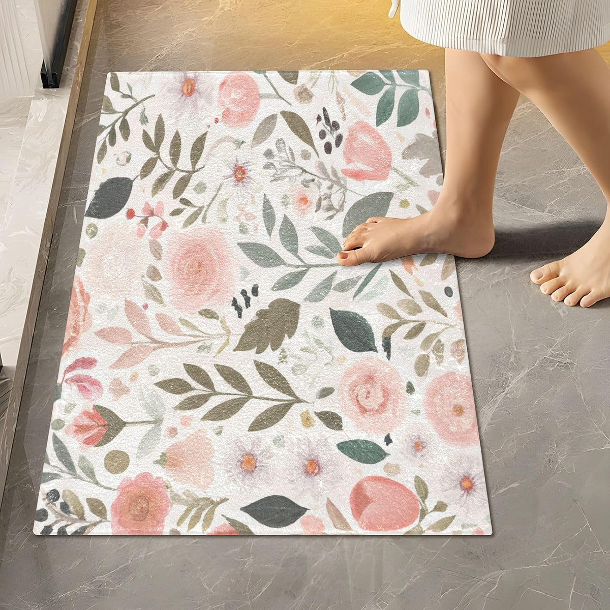 Pink Flowers Bathroom Mat Rug 24" x 16" Non Slip Super Absorbent Quick Dry Bath Mats for Bathtub Fluffy Rugs