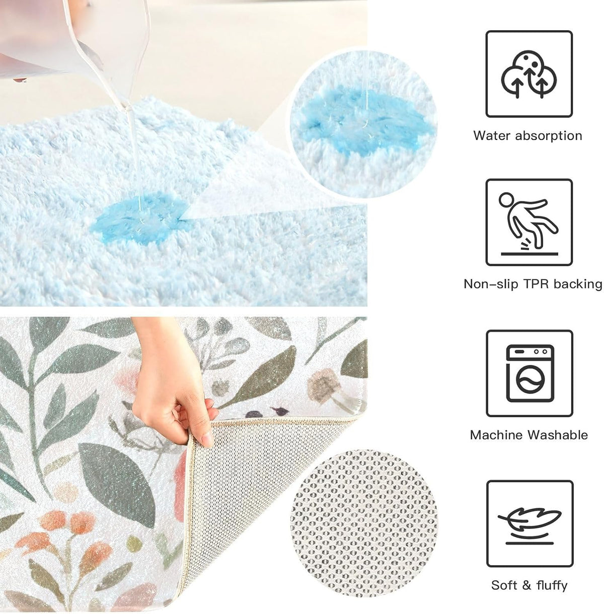 Pink Flowers Bathroom Mat Rug 24" x 16" Non Slip Super Absorbent Quick Dry Bath Mats for Bathtub Fluffy Rugs