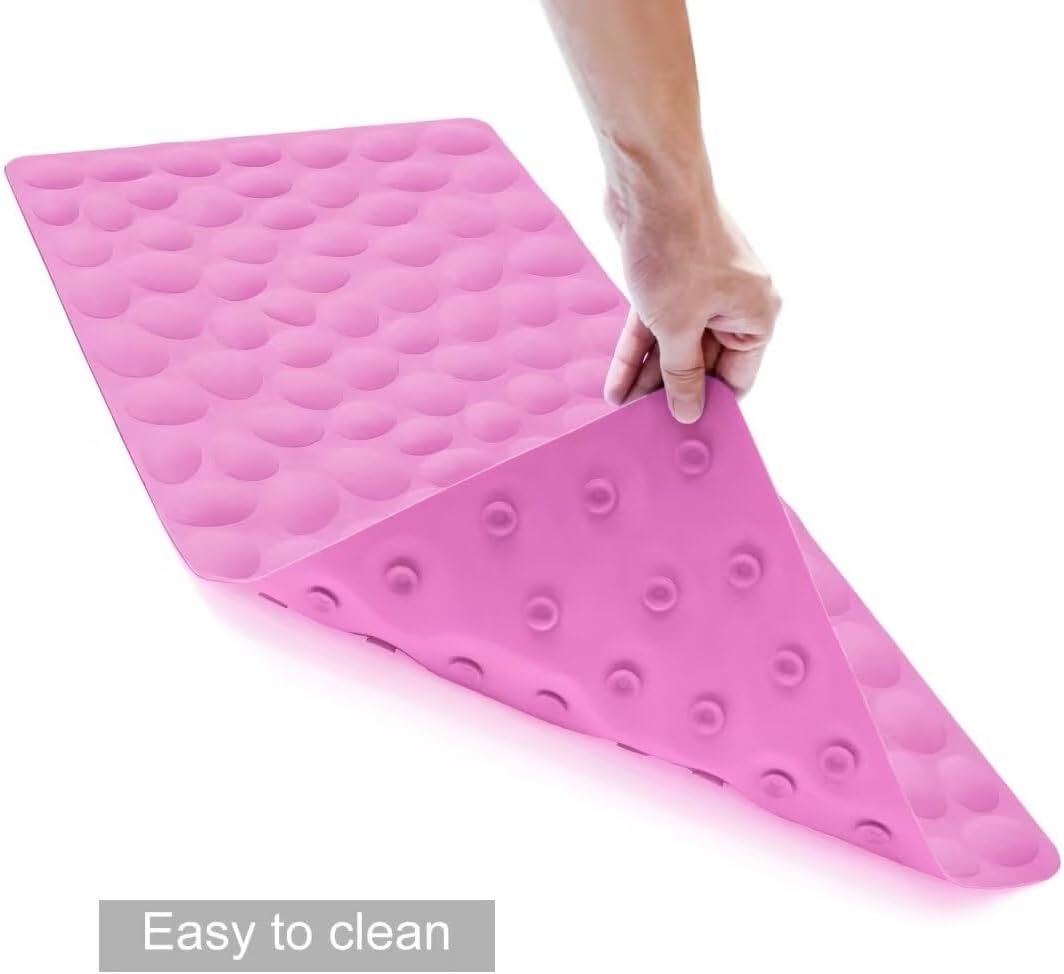 Non-Slip Bathtub Mat Soft Rubber Bathroom Bathmat with Strong Suction Cups (Pink, 16x31.5 inch)