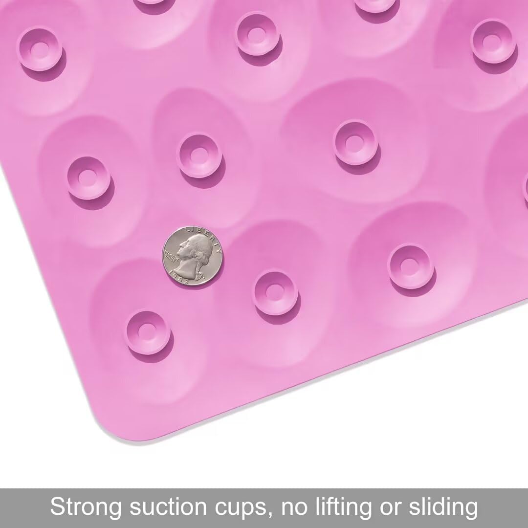 Non-Slip Bathtub Mat Soft Rubber Bathroom Bathmat with Strong Suction Cups (Pink, 16x31.5 inch)