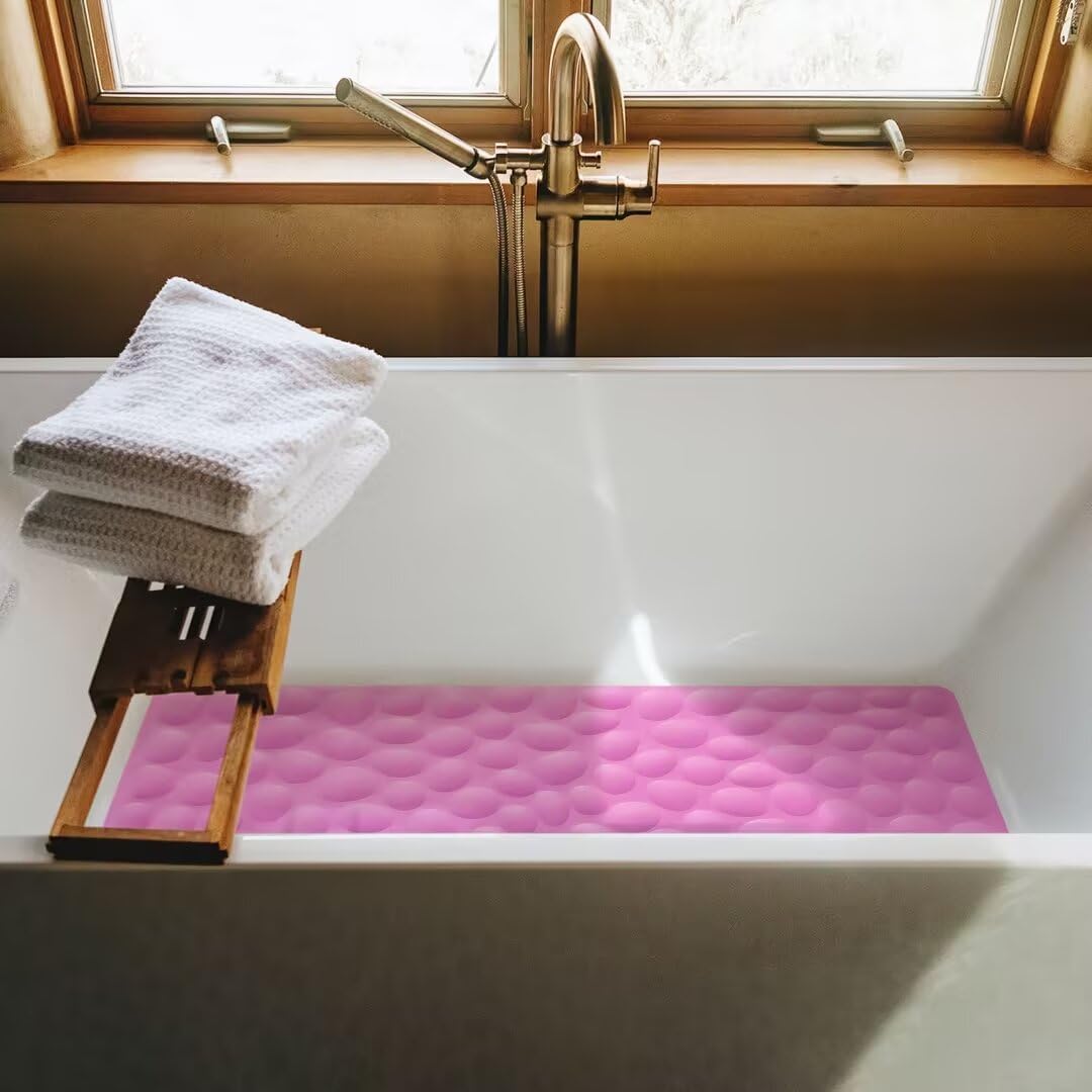 Non-Slip Bathtub Mat Soft Rubber Bathroom Bathmat with Strong Suction Cups (Pink, 16x31.5 inch)