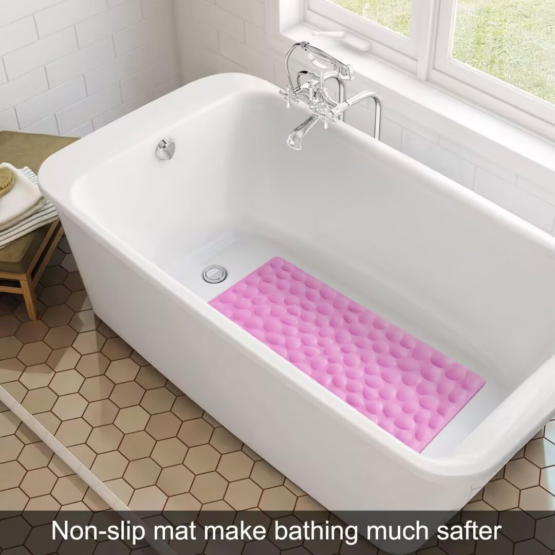 Non-Slip Bathtub Mat Soft Rubber Bathroom Bathmat with Strong Suction Cups (Pink, 16x31.5 inch)
