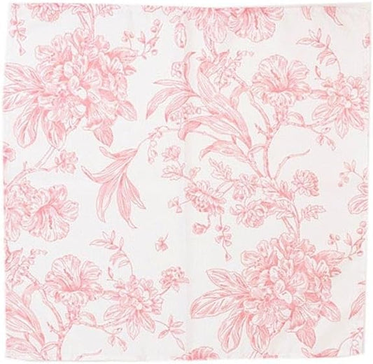 5 pcs 20-Inch White with Pink Floral French Toile Polyester Dinner Napkins Vintage Pastoral Rustic Washable Table Napkin for Indoor & Outdoor, Farmhouse Decor, Picnic, Tabletop Decoration