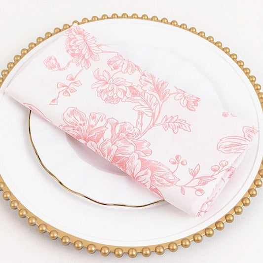 5 pcs 20-Inch White with Pink Floral French Toile Polyester Dinner Napkins Vintage Pastoral Rustic Washable Table Napkin for Indoor & Outdoor, Farmhouse Decor, Picnic, Tabletop Decoration