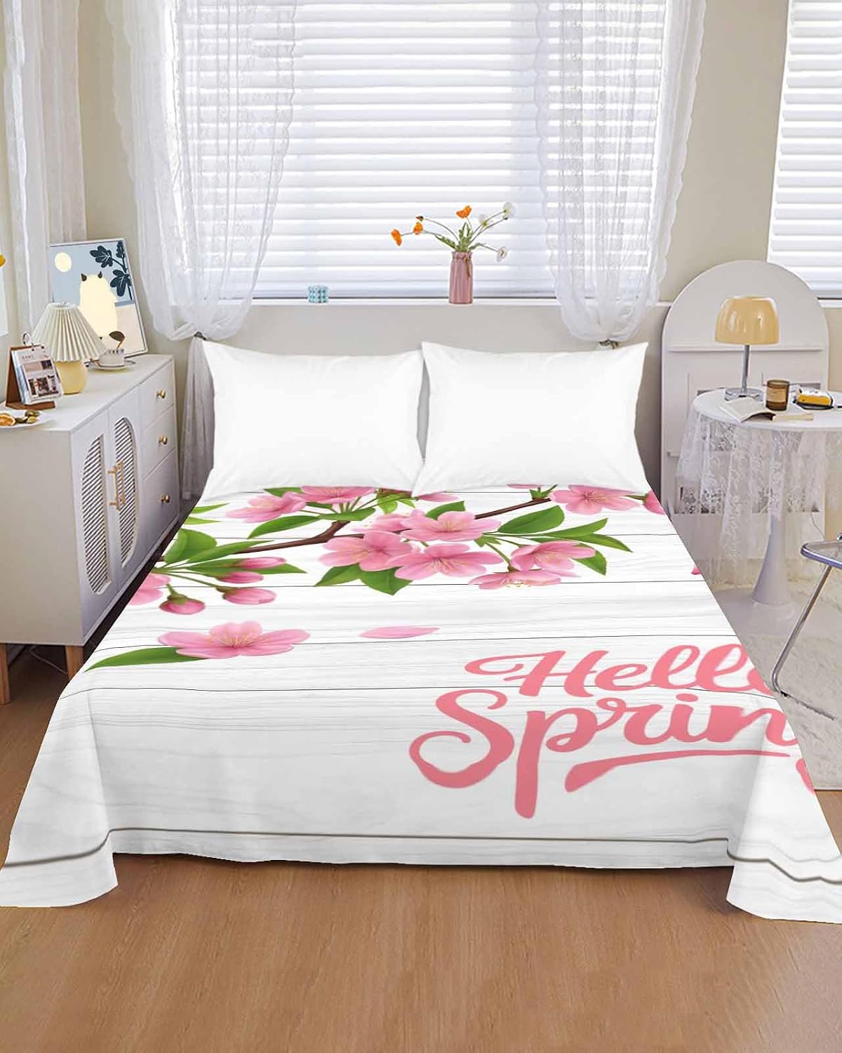 Cal King Flat Sheet Top Sheet Only, Hello Spring Peach Blossom Floral Soft Microfiber Breathable Bed Sheets, Pink Flower Rustic Wood Grain Hotel Luxury Bedding Flat Sheets