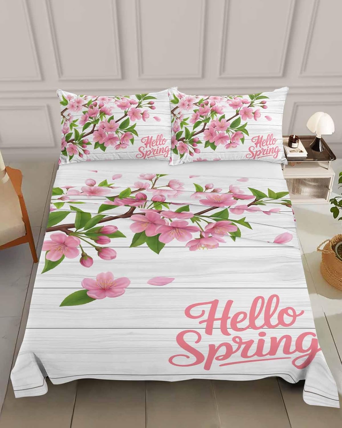 Cal King Flat Sheet Top Sheet Only, Hello Spring Peach Blossom Floral Soft Microfiber Breathable Bed Sheets, Pink Flower Rustic Wood Grain Hotel Luxury Bedding Flat Sheets