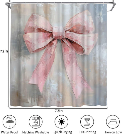 Pink Bow Shower Curtain - Cute Coquette Bowknot Shower Curtains for Bathroom - Waterproof Polyester Fabric with Hooks, 72X72inch