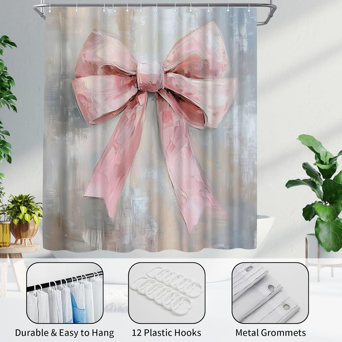 Pink Bow Shower Curtain - Cute Coquette Bowknot Shower Curtains for Bathroom - Waterproof Polyester Fabric with Hooks, 72X72inch