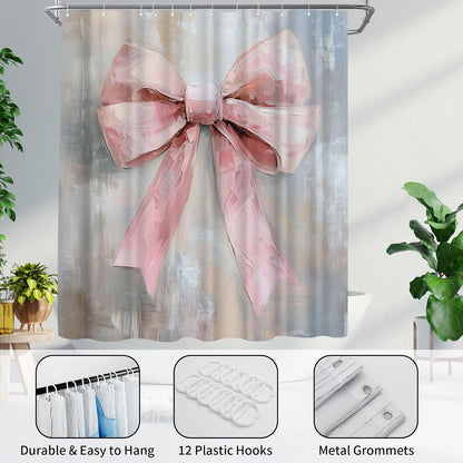 Pink Bow Shower Curtain - Cute Coquette Bowknot Shower Curtains for Bathroom - Waterproof Polyester Fabric with Hooks, 72X72inch