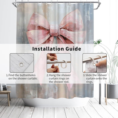 Pink Bow Shower Curtain - Cute Coquette Bowknot Shower Curtains for Bathroom - Waterproof Polyester Fabric with Hooks, 72X72inch
