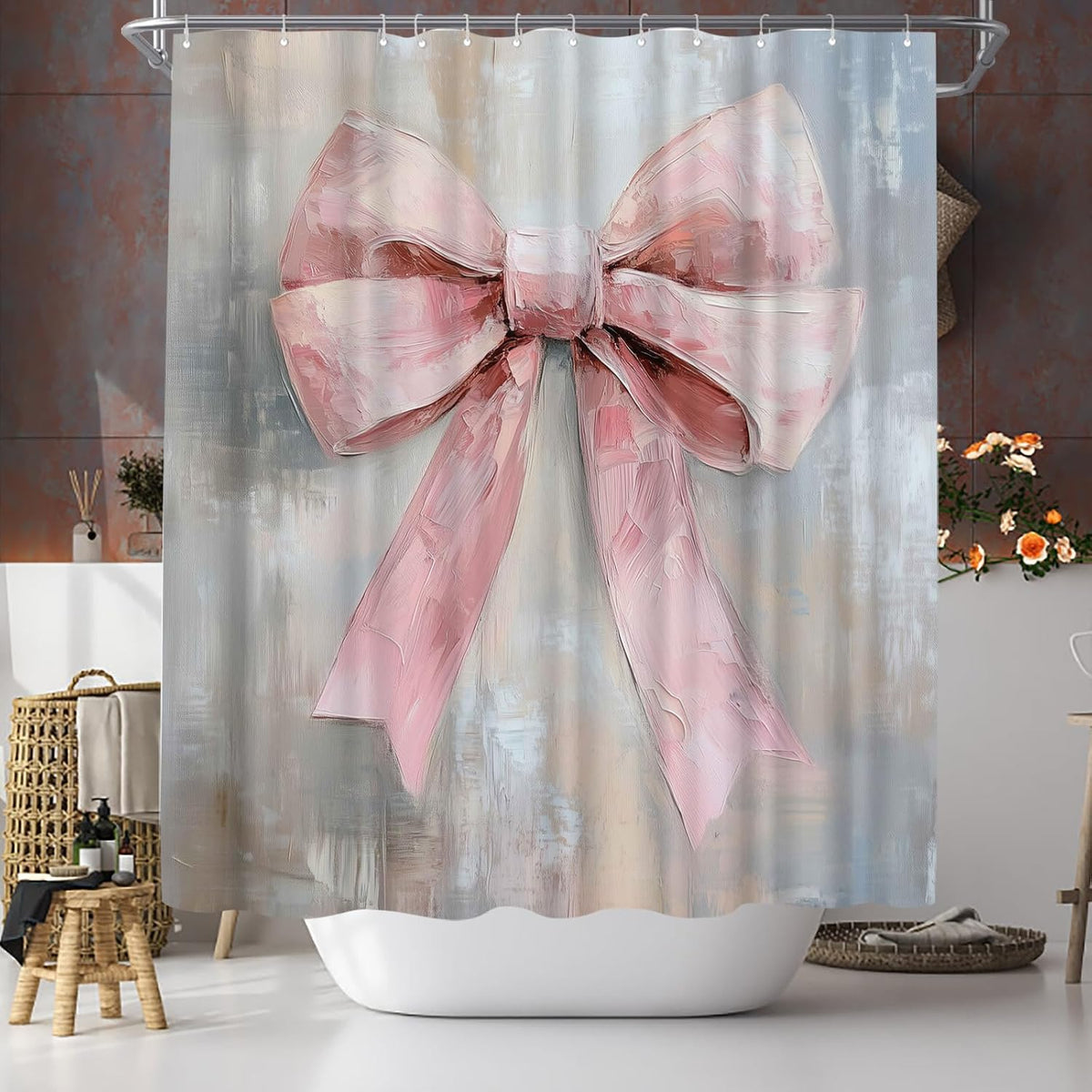 Pink Bow Shower Curtain - Cute Coquette Bowknot Shower Curtains for Bathroom - Waterproof Polyester Fabric with Hooks, 72X72inch