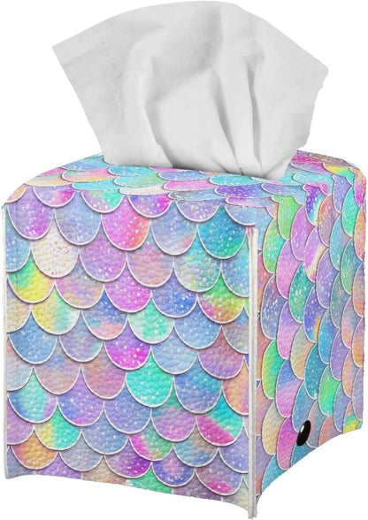 Animal Print Tissue Box Holder for Home Office Desk Tabletop Mermaid Tissue Box Cover Square Facial Paper Holder Nightstand Easy to Clean PU Leather Cube Tissue Box Case Pink
