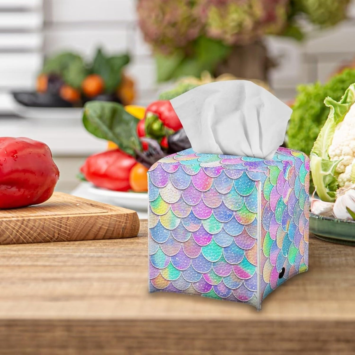 Animal Print Tissue Box Holder for Home Office Desk Tabletop Mermaid Tissue Box Cover Square Facial Paper Holder Nightstand Easy to Clean PU Leather Cube Tissue Box Case Pink