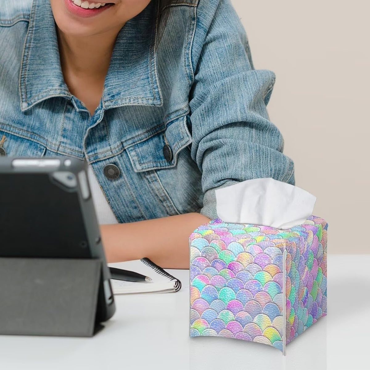 Animal Print Tissue Box Holder for Home Office Desk Tabletop Mermaid Tissue Box Cover Square Facial Paper Holder Nightstand Easy to Clean PU Leather Cube Tissue Box Case Pink