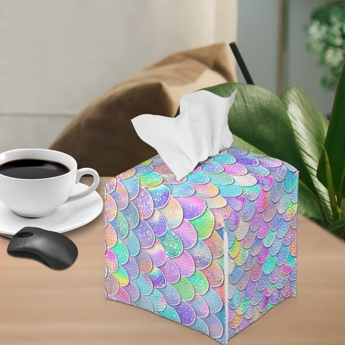 Animal Print Tissue Box Holder for Home Office Desk Tabletop Mermaid Tissue Box Cover Square Facial Paper Holder Nightstand Easy to Clean PU Leather Cube Tissue Box Case Pink