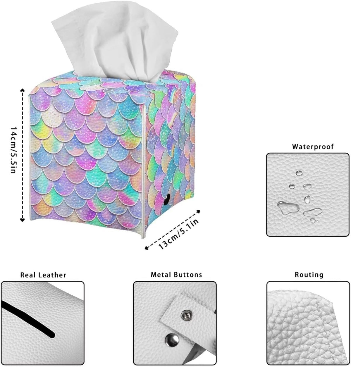 Animal Print Tissue Box Holder for Home Office Desk Tabletop Mermaid Tissue Box Cover Square Facial Paper Holder Nightstand Easy to Clean PU Leather Cube Tissue Box Case Pink