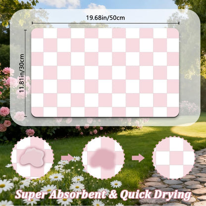 Pink Cat Food Mat 12"x 20" Cat Dog Feeding Mat for Food and Water Bowls Pink Checkered Diatomaceous Earth Absorbent Quick Dry Non Slip Pet Feeding Placemat for Messy Eaters Drinkers