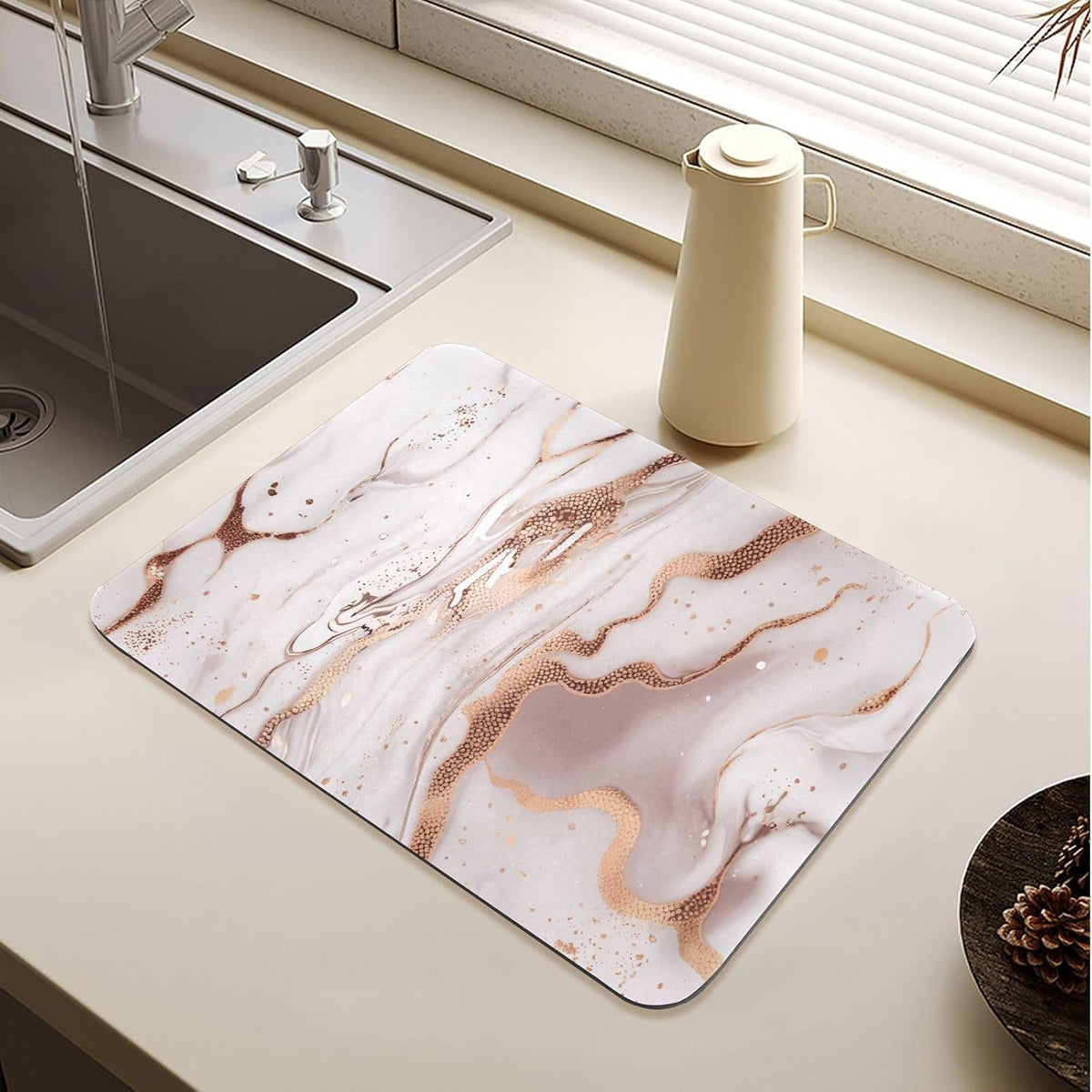 Dish Drying Mat Marble Gold Pink, Quick Dry Dish Drying Pad with Non-slip Rubber Backed, Super Absorbent Drainer Mats for Kitchen Counter, 16"x12"