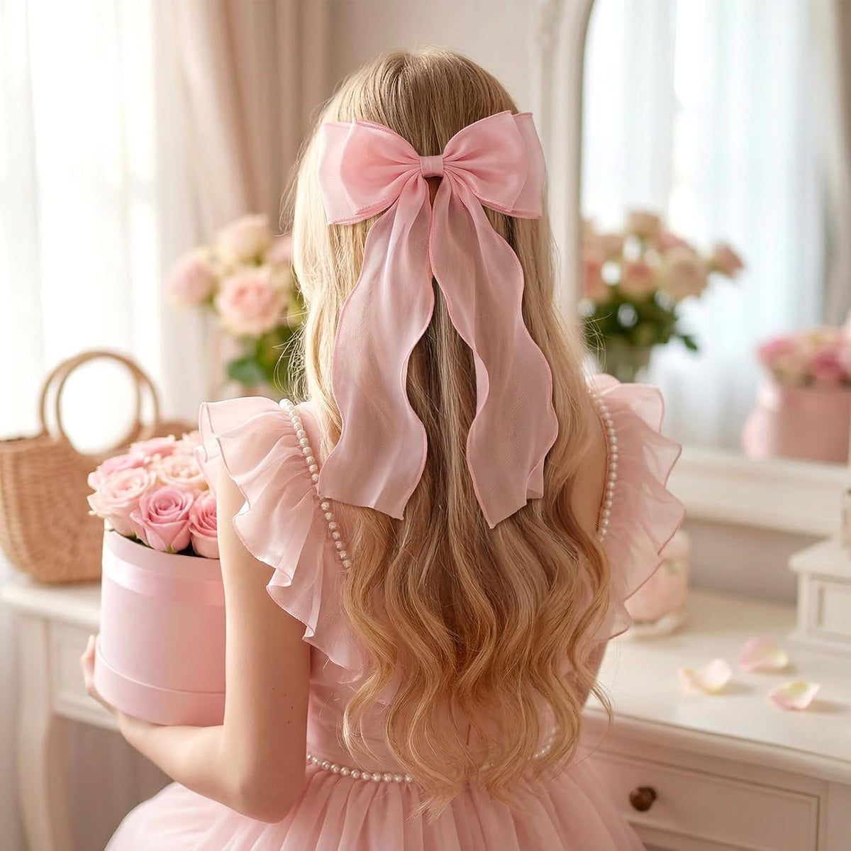 2Pcs Large Pink Bows for Hair, Light Pink Ribbon Bow Hairpin