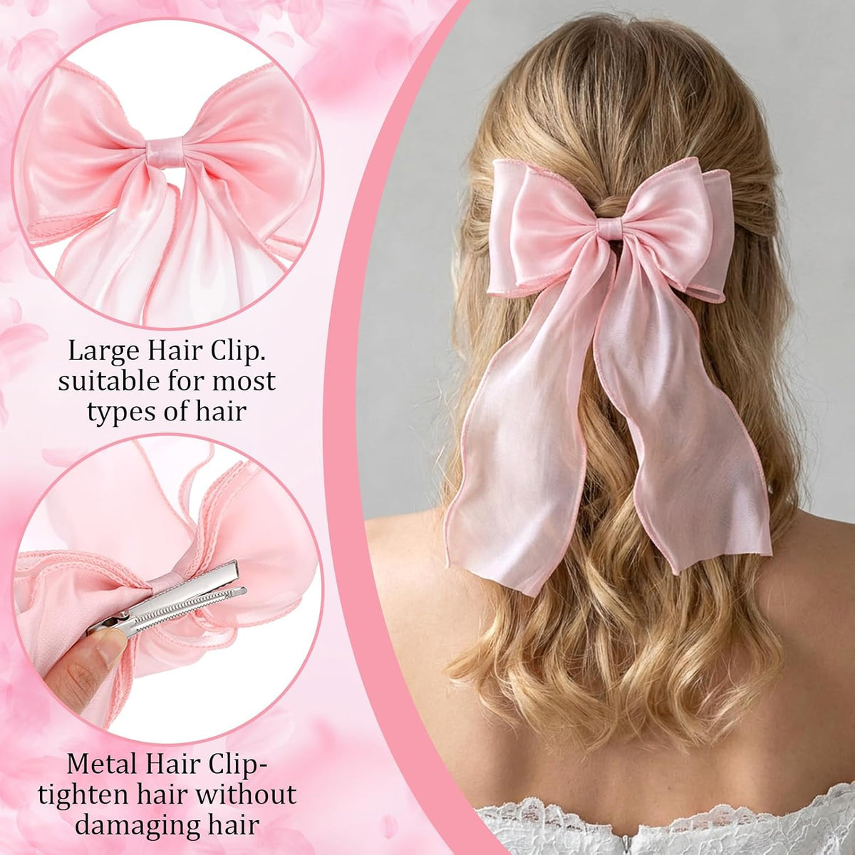 2Pcs Large Pink Bows for Hair, Light Pink Ribbon Bow Hairpin