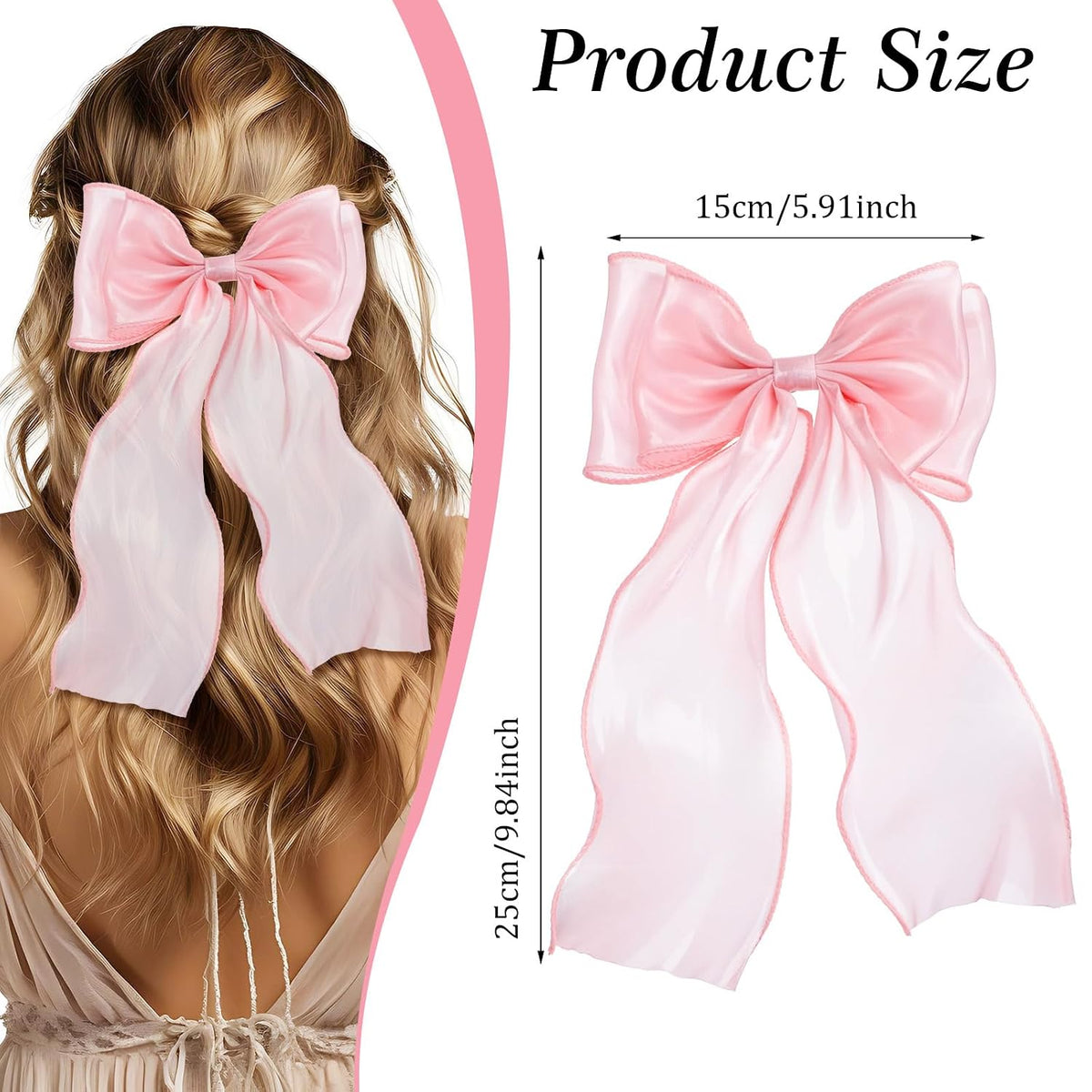 2Pcs Large Pink Bows for Hair, Light Pink Ribbon Bow Hairpin