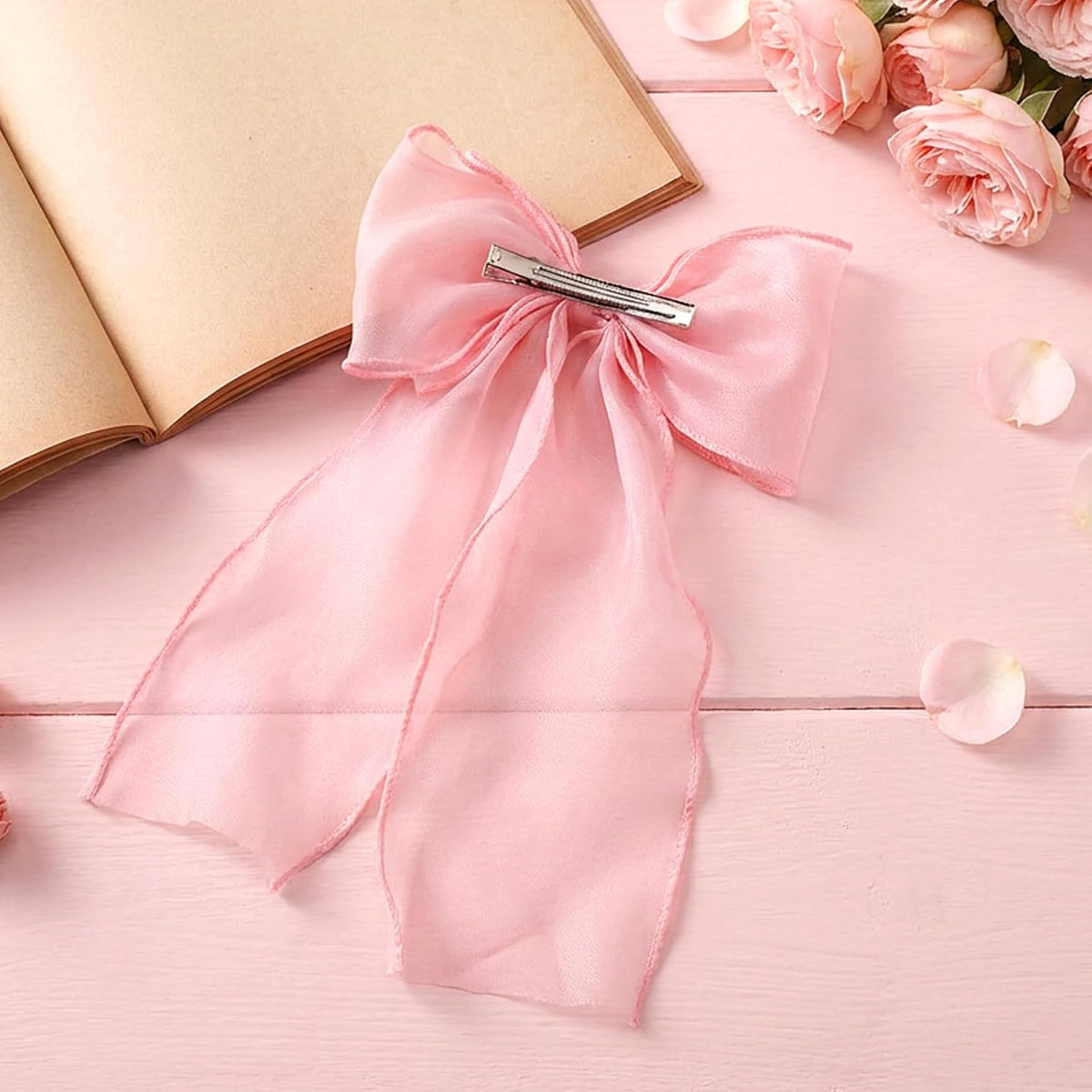 2Pcs Large Pink Bows for Hair, Light Pink Ribbon Bow Hairpin