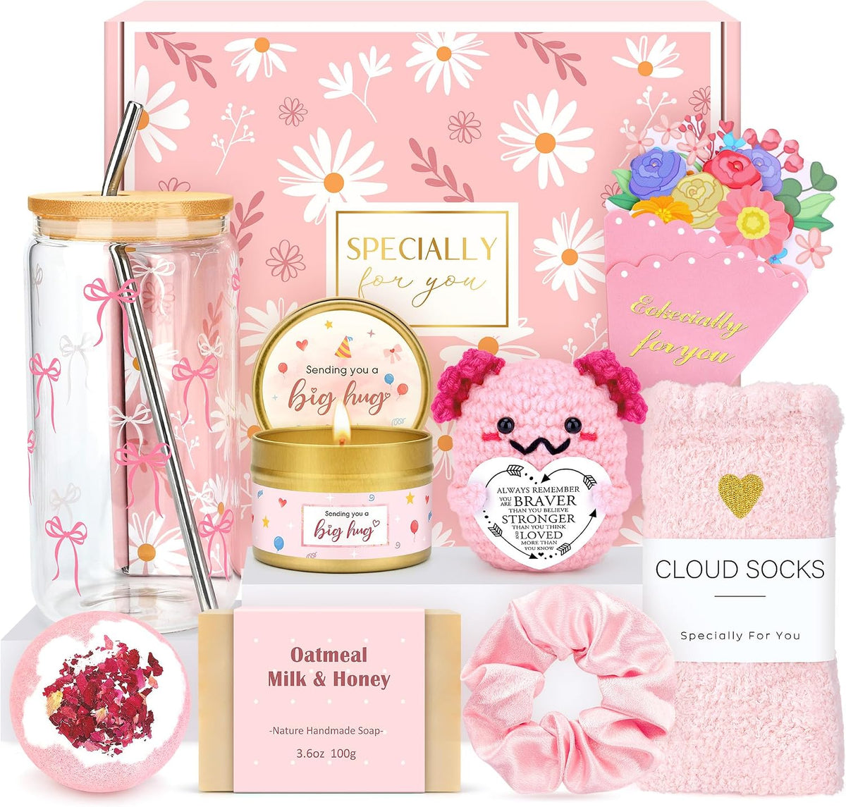 Gift Baskets for Women Unique Birthday Gifts for Women Self Care Cheer Up Gifts Set Pick Me Up Gift Box for Woman Teen Girls Best Friend Sister Ladies Friendship Her - Inspirational Pink Present