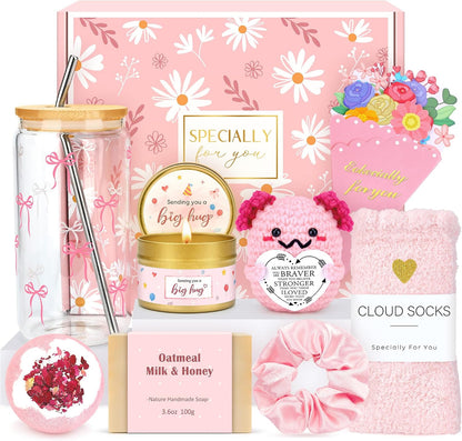 Gift Baskets for Women Unique Birthday Gifts for Women Self Care Cheer Up Gifts Set Pick Me Up Gift Box for Woman Teen Girls Best Friend Sister Ladies Friendship Her - Inspirational Pink Present