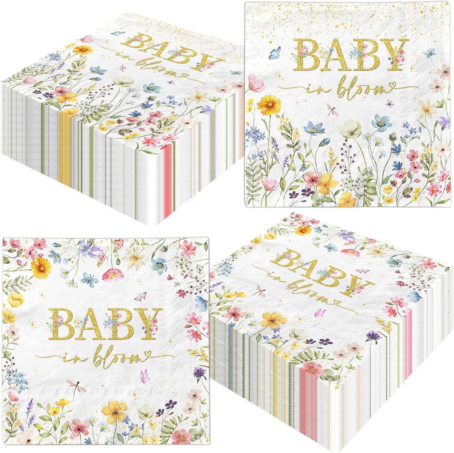 CMUSKO Baby in Bloom Themed 48pcs Floral Napkins - Girls Baby Shower Party - White with Pink Floral Prints - Paper - 13x13 inches