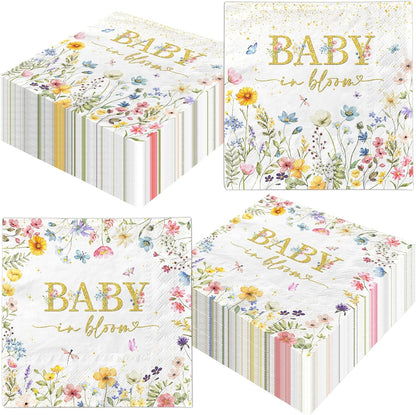 CMUSKO Baby in Bloom Themed 48pcs Floral Napkins - Girls Baby Shower Party - White with Pink Floral Prints - Paper - 13x13 inches