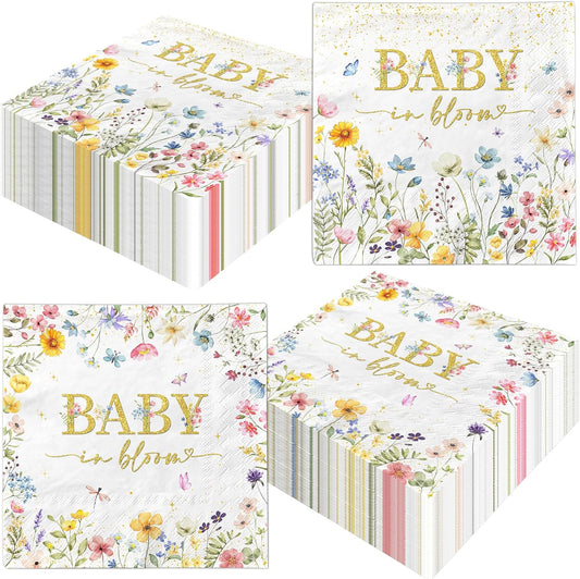 CMUSKO Baby in Bloom Themed 48pcs Floral Napkins - Girls Baby Shower Party - White with Pink Floral Prints - Paper - 13x13 inches