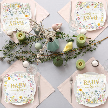 CMUSKO Baby in Bloom Themed 48pcs Floral Napkins - Girls Baby Shower Party - White with Pink Floral Prints - Paper - 13x13 inches