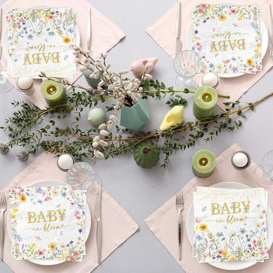 CMUSKO Baby in Bloom Themed 48pcs Floral Napkins - Girls Baby Shower Party - White with Pink Floral Prints - Paper - 13x13 inches