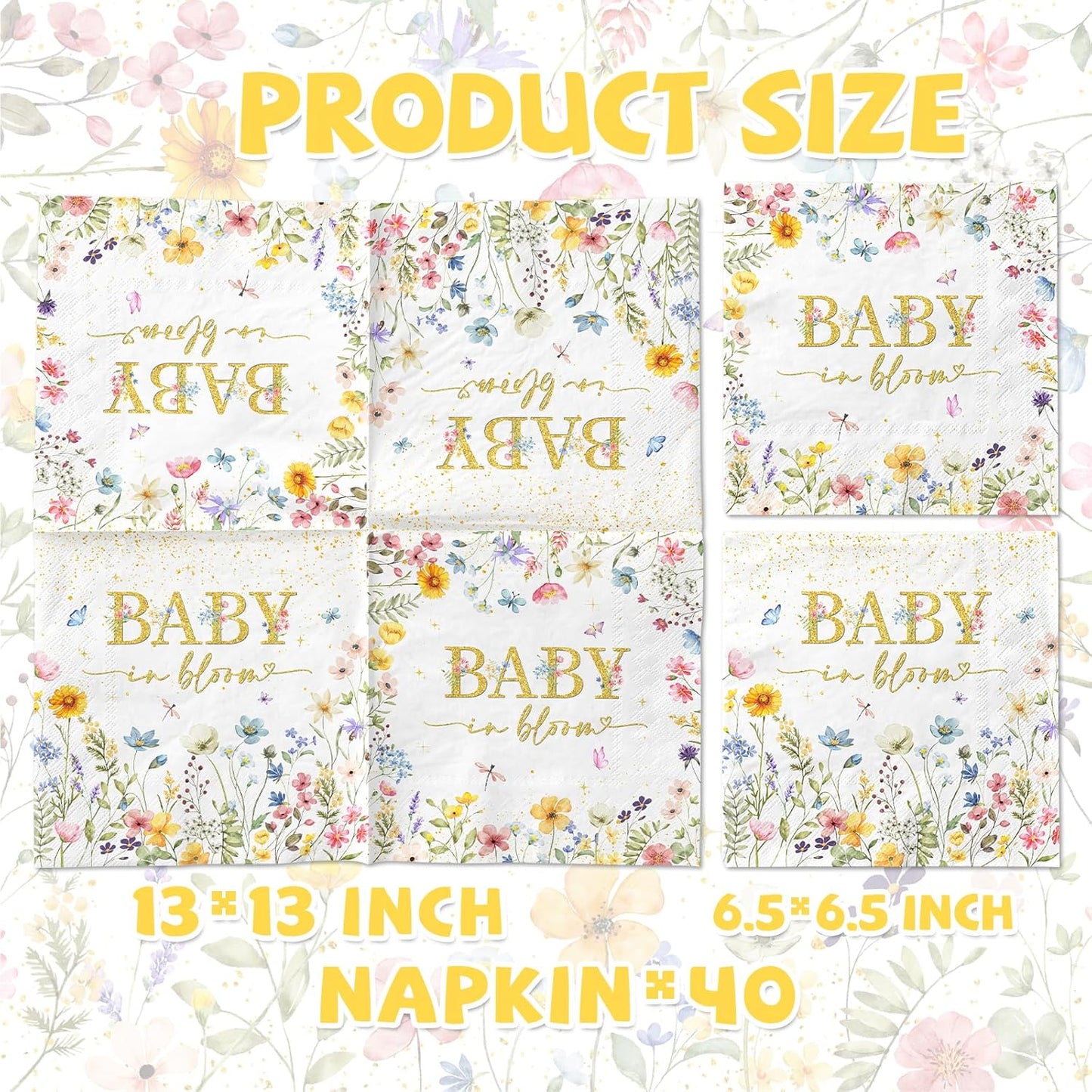 CMUSKO Baby in Bloom Themed 48pcs Floral Napkins - Girls Baby Shower Party - White with Pink Floral Prints - Paper - 13x13 inches