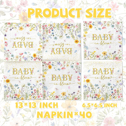 CMUSKO Baby in Bloom Themed 48pcs Floral Napkins - Girls Baby Shower Party - White with Pink Floral Prints - Paper - 13x13 inches