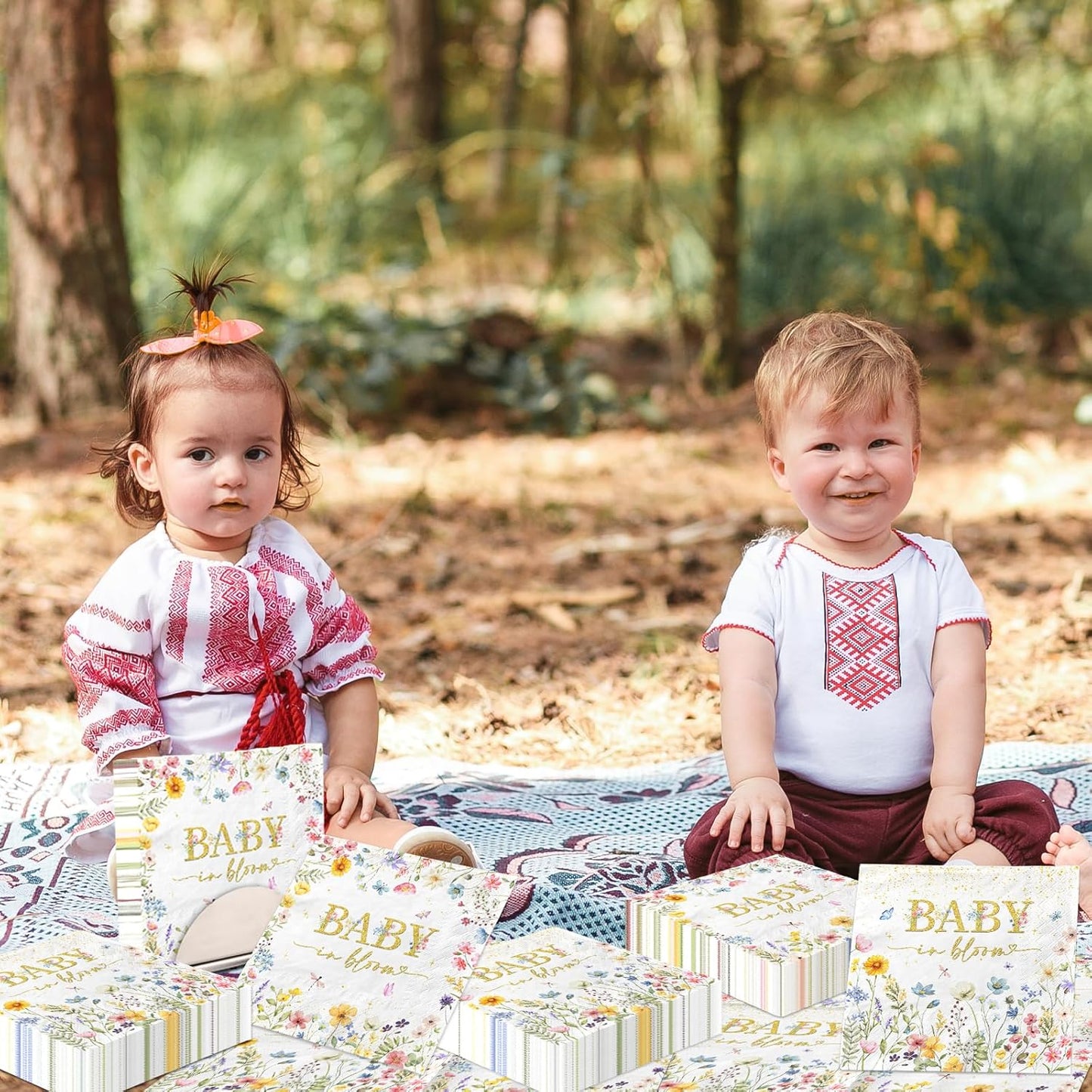 CMUSKO Baby in Bloom Themed 48pcs Floral Napkins - Girls Baby Shower Party - White with Pink Floral Prints - Paper - 13x13 inches