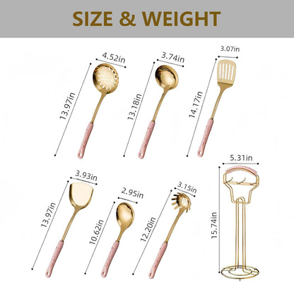 Gold Kitchen Utensils,7pieces Cooking Utensils Set,Kitchen Tools Set With Utensil Holder, Gold Kitchen Accessories,Dishwasher Safe, Easy To Clean(Pink)